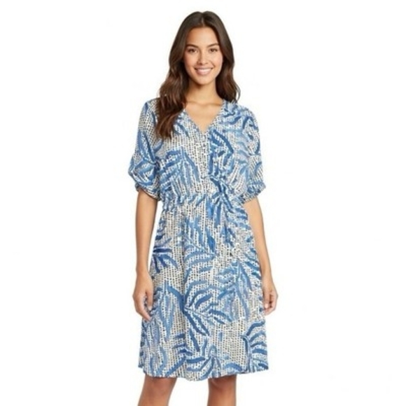 NIC+ZOE Dresses & Skirts - Nic+Zoe Blue Palm Leaves Dot Fit & Flare Dress PM Pockets Elastic Waist Short